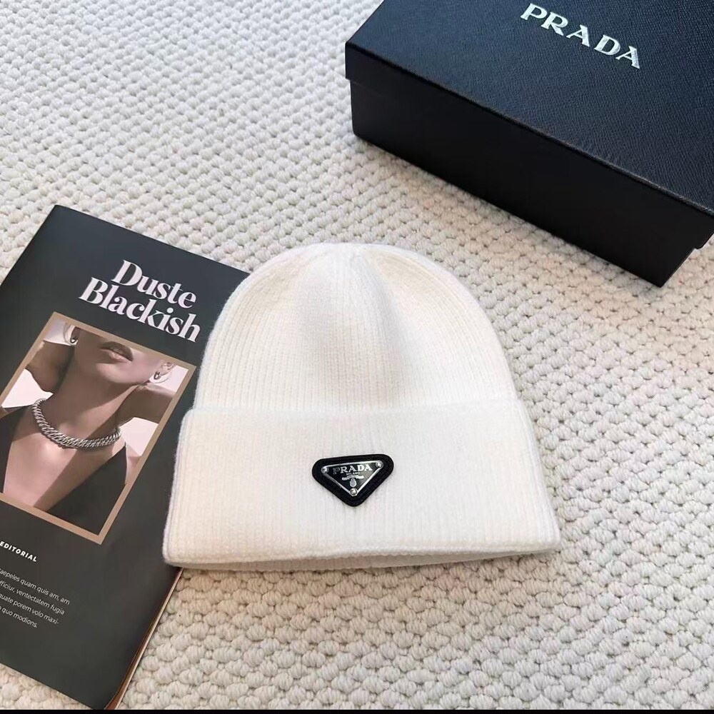Prada Logo Ribbed Knit Beanie White